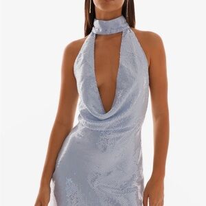 Elegant Blue Sequin Halter Dress